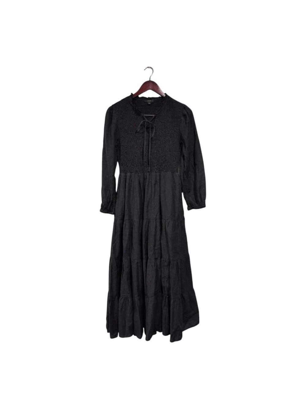 J Crew Long Sleeve Tiered Midi Dress Sz M Black Smocked Bodice Tie Neckline FLAW
